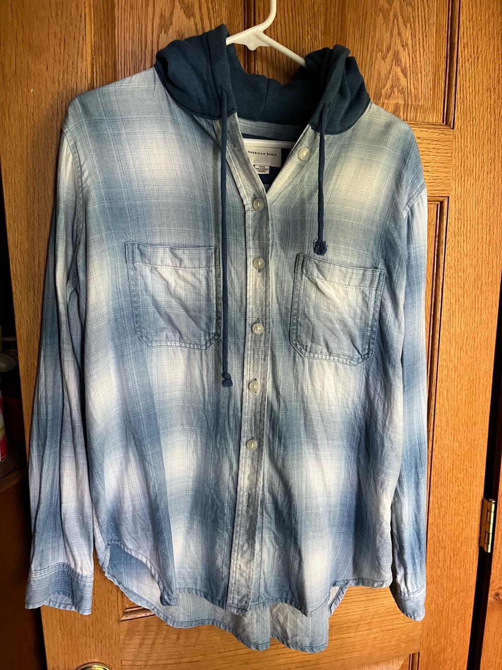 Women’s American Eagle Outfitters Blue Plaid Hooded Button-Down Shirt SM